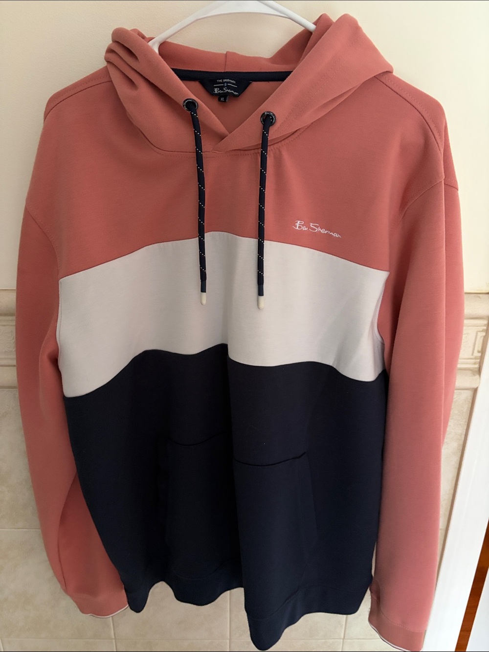 Ben Sherman Colorblock Pullover Hoodie - Dusty Rose, White & Navy
